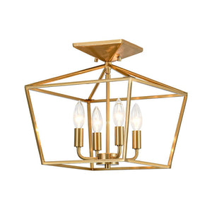 LightFixturesUSA - 4 - Light Candle Style Square Lantern Semi Flush Mount - Ceiling Light - Brass - 