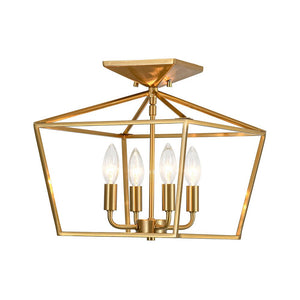 LightFixturesUSA - 4 - Light Candle Style Square Lantern Semi Flush Mount - Ceiling Light - Brass - 