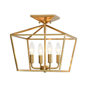LightFixturesUSA - 4 - Light Candle Style Square Lantern Semi Flush Mount - Ceiling Light - Brass - 