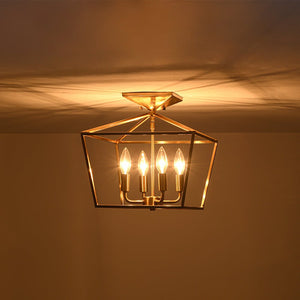LightFixturesUSA - 4 - Light Candle Style Square Lantern Semi Flush Mount - Ceiling Light - Brass - 