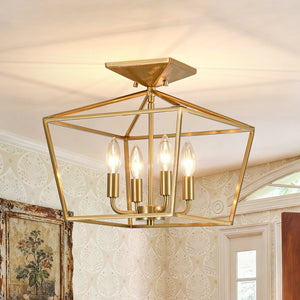 LightFixturesUSA - 4 - Light Candle Style Square Lantern Semi Flush Mount - Ceiling Light - Brass - 
