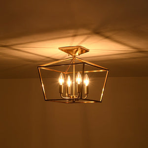 LightFixturesUSA - 4 - Light Candle Style Square Lantern Semi Flush Mount - Ceiling Light - Brass - 