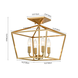 LightFixturesUSA - 4 - Light Candle Style Square Lantern Semi Flush Mount - Ceiling Light - Brass - 