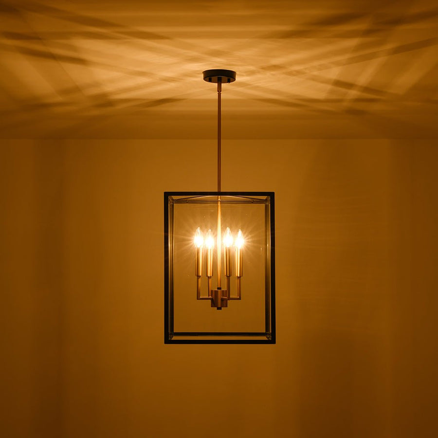 LightFixturesUSA - 4 - Light Candle Style Wide Glass Square Lantern Pendant - Chandelier - 15 in - 