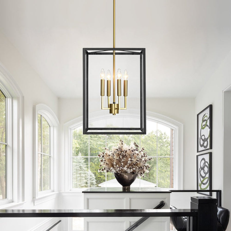 LightFixturesUSA - 4 - Light Candle Style Wide Glass Square Lantern Pendant - Chandelier - 15 in - 