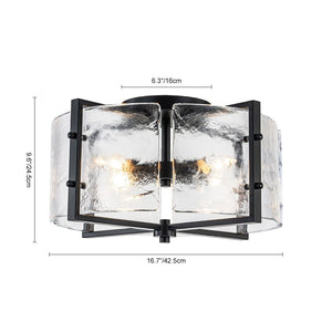 LightFixturesUSA - 4 - light Contemporary Clear Textured Glass Drum Flush Mount - Ceiling Light - Black - 