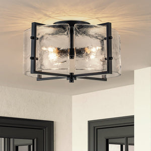 LightFixturesUSA - 4 - light Contemporary Clear Textured Glass Drum Flush Mount - Ceiling Light - Black - 