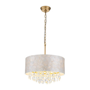 LightFixturesUSA - 4 - Light Crystal Accented Capiz Shell Drum Lantern Pendant - Chandelier - Brass (Pre - Order) - 