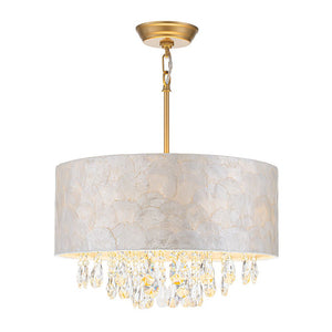 LightFixturesUSA - 4 - Light Crystal Accented Capiz Shell Drum Lantern Pendant - Chandelier - Brass (Pre - Order) - 