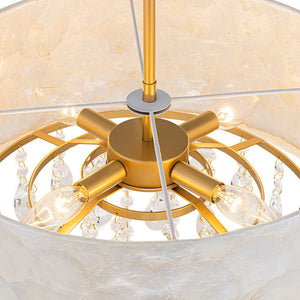 LightFixturesUSA - 4 - Light Crystal Accented Capiz Shell Drum Lantern Pendant - Chandelier - Brass (Pre - Order) - 