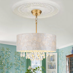 LightFixturesUSA - 4 - Light Crystal Accented Capiz Shell Drum Lantern Pendant - Chandelier - Brass (Pre - Order) - 