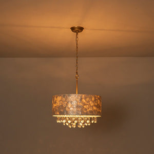 LightFixturesUSA - 4 - Light Crystal Accented Capiz Shell Drum Lantern Pendant - Chandelier - Brass (Pre - Order) - 