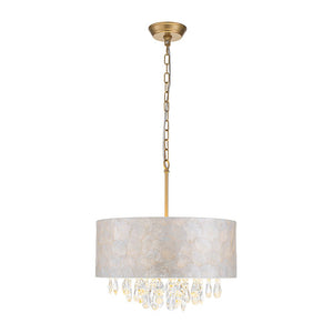 LightFixturesUSA - 4 - Light Crystal Accented Capiz Shell Drum Lantern Pendant - Chandelier - Brass (Pre - Order) - 