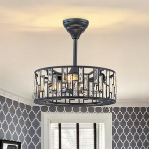 LightFixturesUSA - 4 - Light Crystal Accented Drum Cage Ceiling Fan Light - Ceiling Light - Black - 