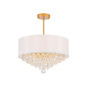 LightFixturesUSA - 4 - Light Crystal Accented White Fabric Drum Cage Chandelier - Chandelier - Brass - 