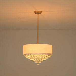LightFixturesUSA - 4 - Light Crystal Accented White Fabric Drum Cage Chandelier - Chandelier - Brass - 