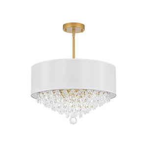 LightFixturesUSA - 4 - Light Crystal Accented White Fabric Drum Cage Chandelier - Chandelier - Brass - 