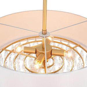 LightFixturesUSA - 4 - Light Crystal Accented White Fabric Drum Cage Chandelier - Chandelier - Brass - 