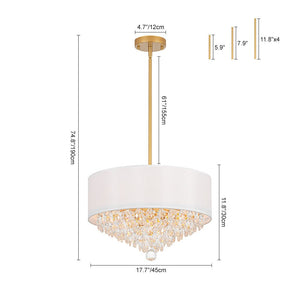 LightFixturesUSA - 4 - Light Crystal Accented White Fabric Drum Cage Chandelier - Chandelier - Brass - 