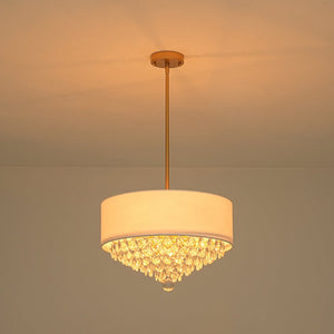 LightFixturesUSA - 4 - Light Crystal Accented White Fabric Drum Cage Chandelier - Chandelier - Brass - 