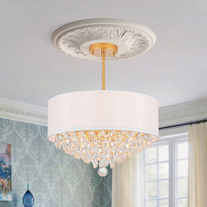 LightFixturesUSA - 4 - Light Crystal Accented White Fabric Drum Cage Chandelier - Chandelier - Brass - 