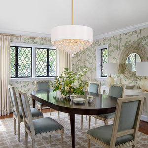 LightFixturesUSA - 4 - Light Crystal Accented White Fabric Drum Cage Chandelier - Chandelier - Brass - 