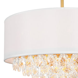 LightFixturesUSA - 4 - Light Crystal Accented White Fabric Drum Cage Chandelier - Chandelier - Brass - 