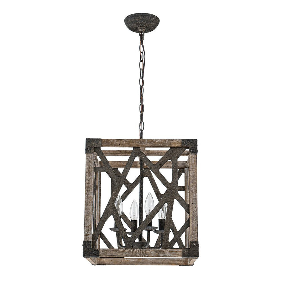 LightFixturesUSA - 4 - Light Distressed Wooden Square Cage Pendant Light - Pendant Light - Rustic - 