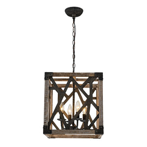 LightFixturesUSA - 4 - Light Distressed Wooden Square Cage Pendant Light - Pendant Light - Rustic - 