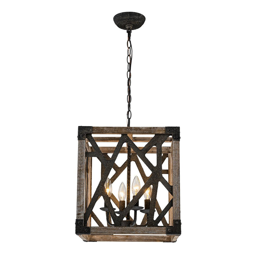 LightFixturesUSA - 4 - Light Distressed Wooden Square Cage Pendant Light - Pendant Light - Rustic - 