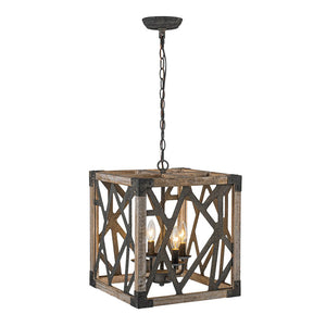 LightFixturesUSA - 4 - Light Distressed Wooden Square Cage Pendant Light - Pendant Light - Rustic - 