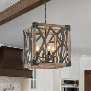 LightFixturesUSA - 4 - Light Distressed Wooden Square Cage Pendant Light - Pendant Light - Rustic - 