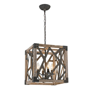 LightFixturesUSA - 4 - Light Distressed Wooden Square Cage Pendant Light - Pendant Light - Rustic - 