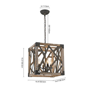 LightFixturesUSA - 4 - Light Distressed Wooden Square Cage Pendant Light - Pendant Light - Rustic - 