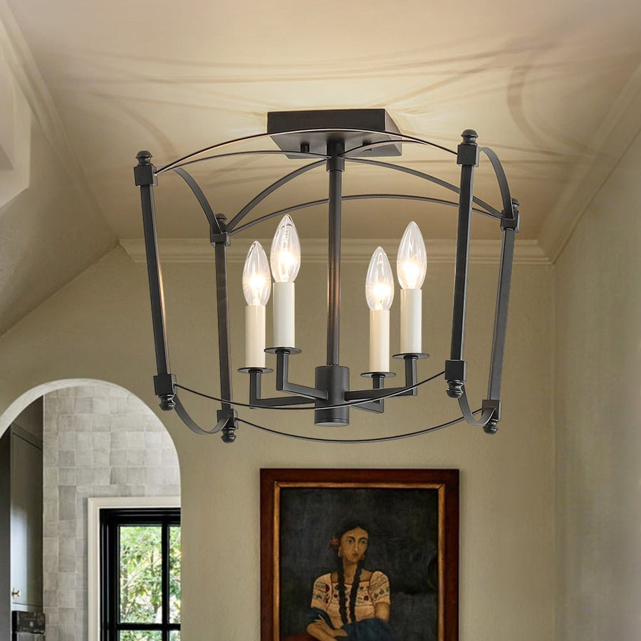 LightFixturesUSA - 4 - light French Antique Candle Style Lantern Semi Flush - Ceiling Light - Black - 