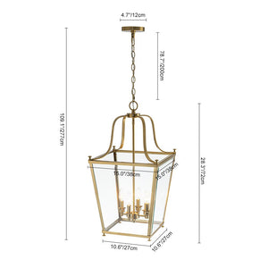 LightFixturesUSA - 4 - Light French Candle Style Wide Square Glass Lantern Pendant - Chandelier - Brass - 