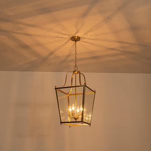 LightFixturesUSA - 4 - Light French Candle Style Wide Square Glass Lantern Pendant - Chandelier - Brass - 
