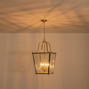 LightFixturesUSA - 4 - Light French Candle Style Wide Square Glass Lantern Pendant - Chandelier - Brass - 