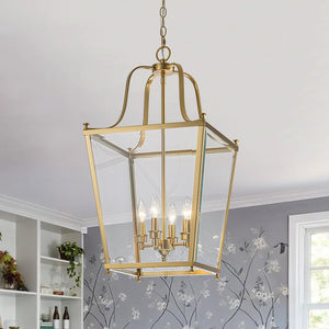 LightFixturesUSA - 4 - Light French Candle Style Wide Square Glass Lantern Pendant - Chandelier - Brass - 