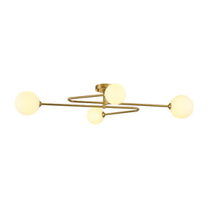 LightFixturesUSA - 4 - Light Frosted Glass Globe Linear Sputnik Semi Flush Mount - Ceiling Light - Brass - 