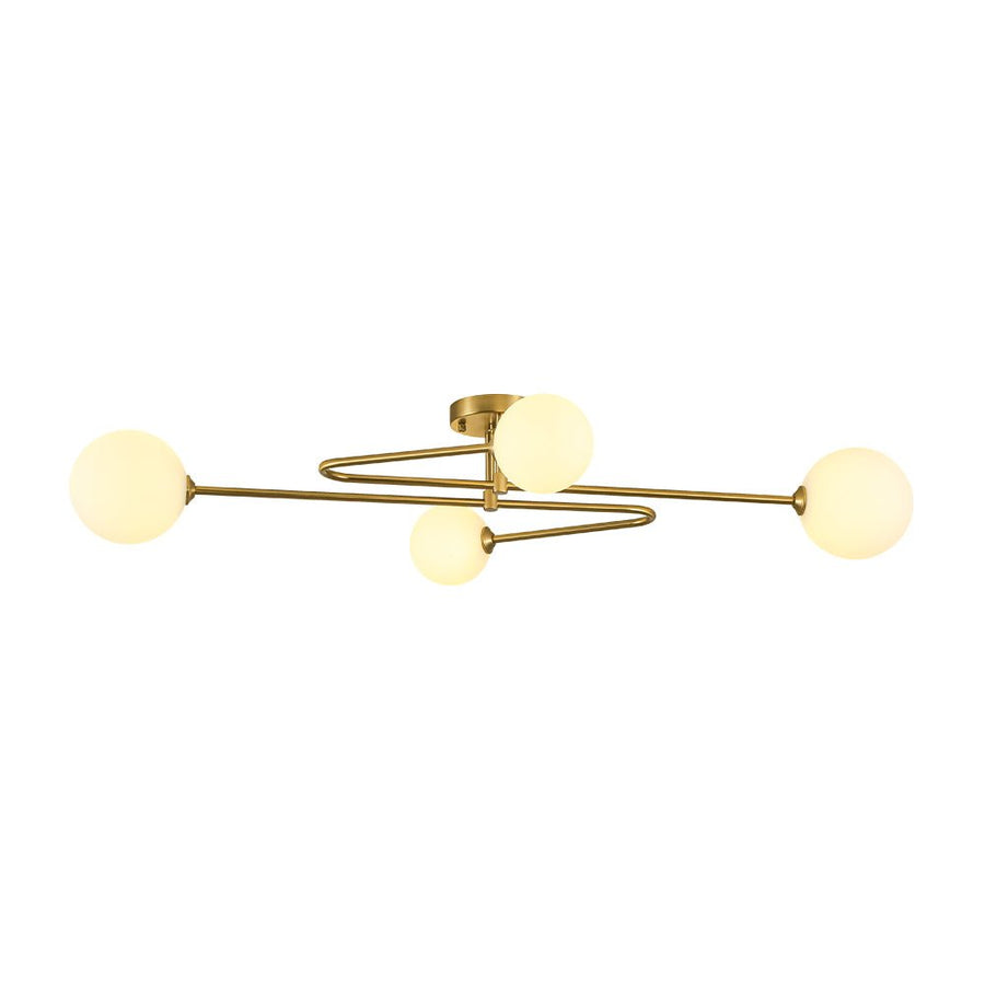 LightFixturesUSA - 4 - Light Frosted Glass Globe Linear Sputnik Semi Flush Mount - Ceiling Light - Brass - 