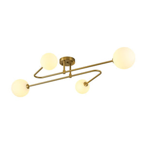 LightFixturesUSA - 4 - Light Frosted Glass Globe Linear Sputnik Semi Flush Mount - Ceiling Light - Brass - 