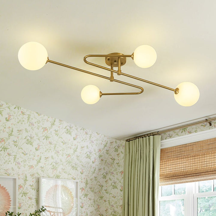 LightFixturesUSA - 4 - Light Frosted Glass Globe Linear Sputnik Semi Flush Mount - Ceiling Light - Brass - 