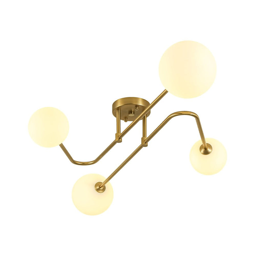 LightFixturesUSA - 4 - Light Frosted Glass Globe Linear Sputnik Semi Flush Mount - Ceiling Light - Brass - 