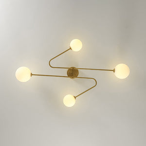 LightFixturesUSA - 4 - Light Frosted Glass Globe Linear Sputnik Semi Flush Mount - Ceiling Light - Brass - 