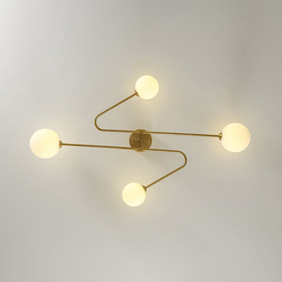 LightFixturesUSA - 4 - Light Frosted Glass Globe Linear Sputnik Semi Flush Mount - Ceiling Light - Brass - 