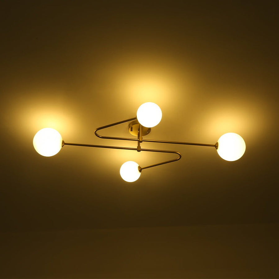 LightFixturesUSA - 4 - Light Frosted Glass Globe Linear Sputnik Semi Flush Mount - Ceiling Light - Brass - 