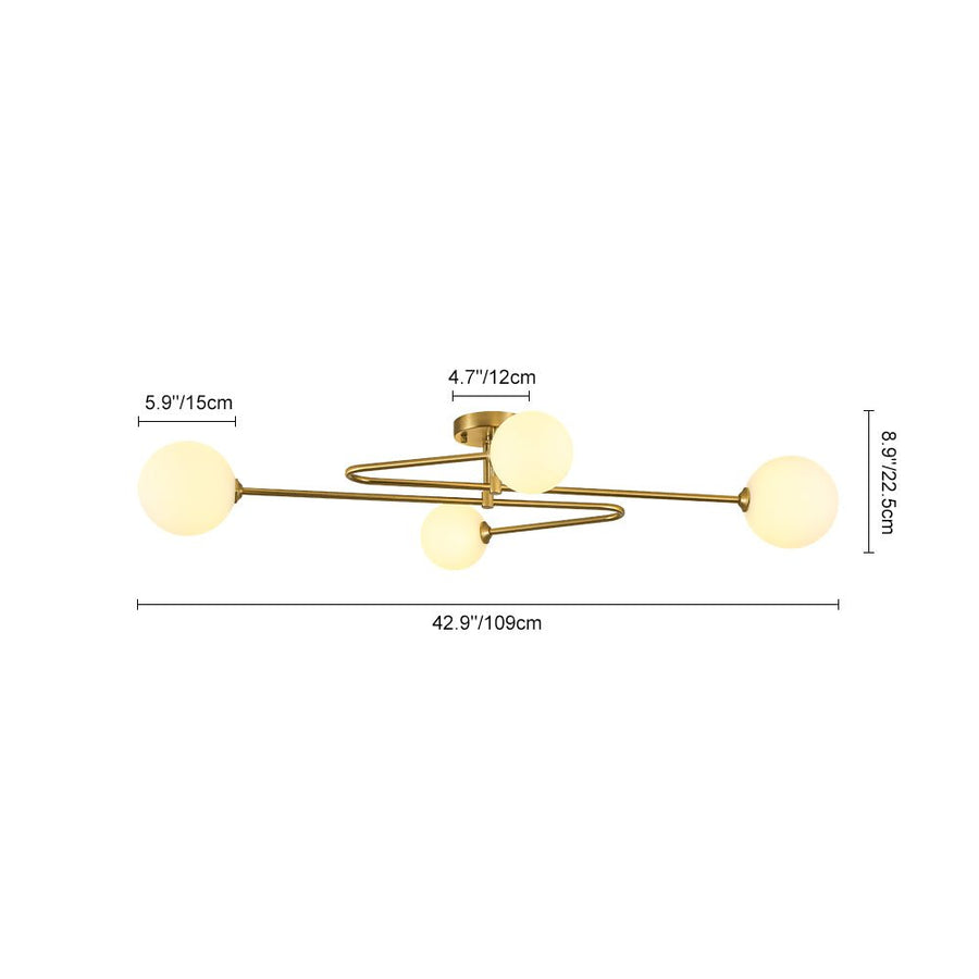 LightFixturesUSA - 4 - Light Frosted Glass Globe Linear Sputnik Semi Flush Mount - Ceiling Light - Brass - 