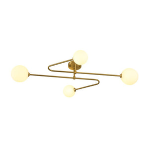 LightFixturesUSA - 4 - Light Frosted Glass Globe Linear Sputnik Semi Flush Mount - Ceiling Light - Brass - 