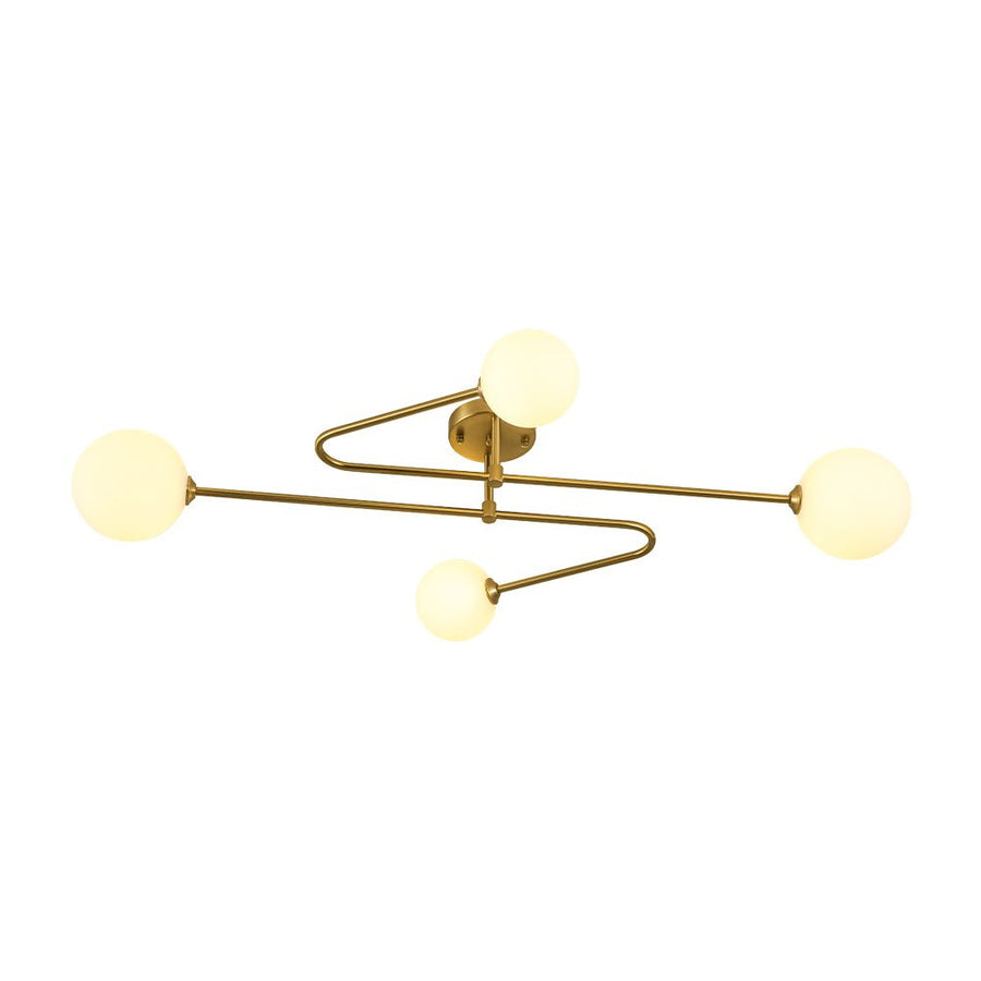 LightFixturesUSA - 4 - Light Frosted Glass Globe Linear Sputnik Semi Flush Mount - Ceiling Light - Brass - 